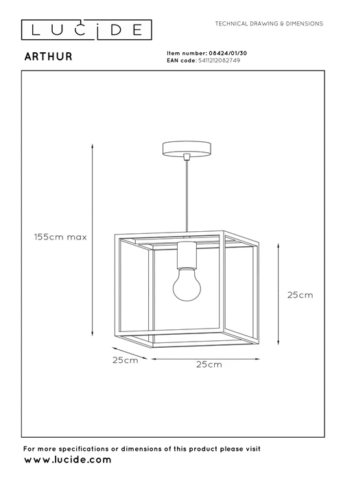 Lucide ARTHUR - Hanglamp - 1xE27 - Zwart - technisch